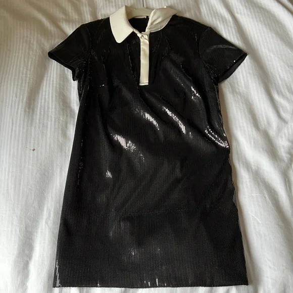 black sequin dress with white collar Cupid Black Sequin High-Neck Mini Dress With Feather Cuffs – Club L London main image 1